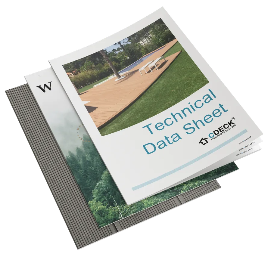 Capa de uma ficha técnica CDECK® WUUDE, com amostras de réguas compósitas