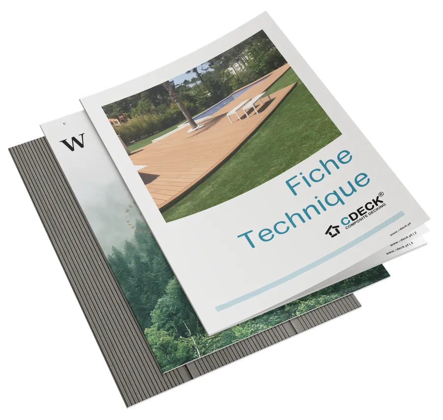 Couverture d'une fiche technique CDECK® WUUDE, avec échantillons de lames composites
