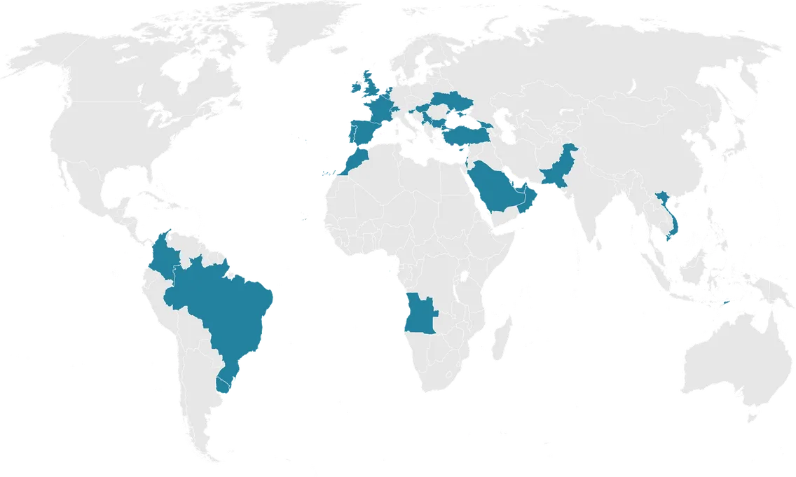 Mapa dos países onde a IHT está presente, em quatro continentes