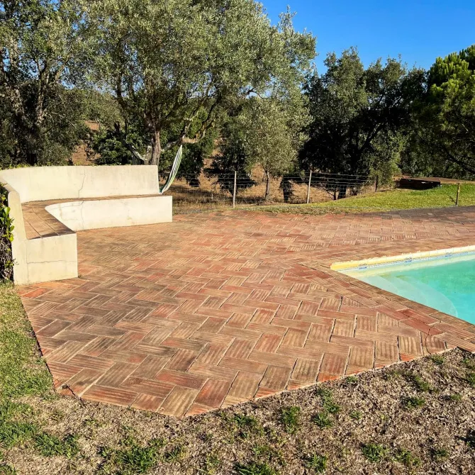 Ancien dallage en briques craquelé autour de la piscine, avec banc en pierre et oliviers en fond.