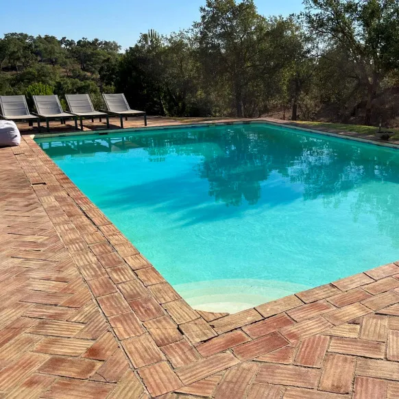 Vieux carrelage en briques crevassé bordant la piscine, chaises longues et pinède en arrière-plan.