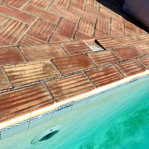 Gros plan sur des briques disjointes et tachées au ras de la piscine, avant rénovation.