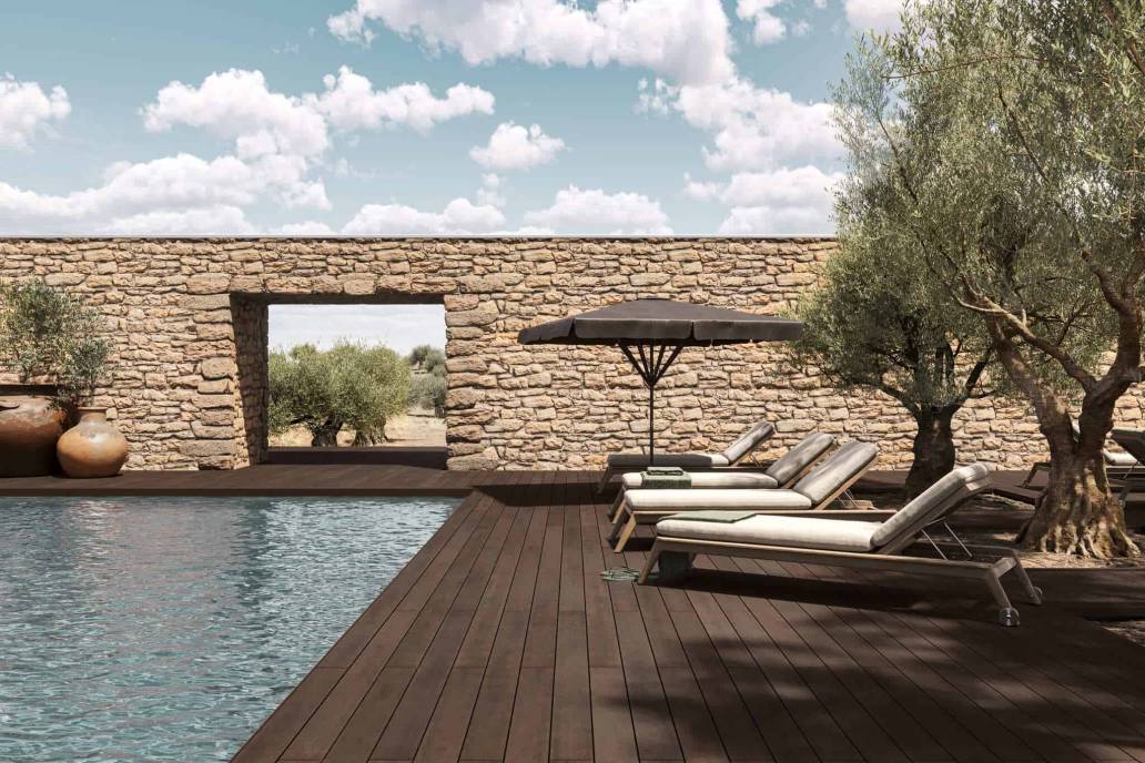 Deck compósito DECK WUUDE na cor dark walnut em área de piscina