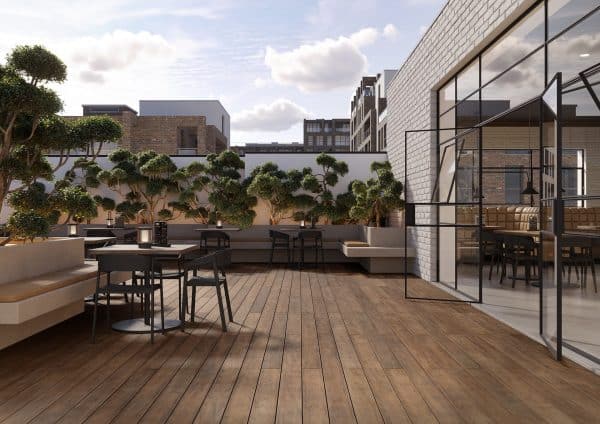 Terraço de restaurante com deck compósito CDECK WUUDE, cor Soft Oak