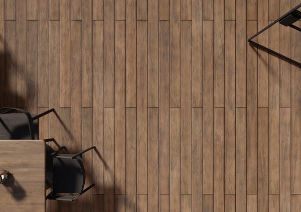 Vista de top de uma instalação de deck compósito CDECK WUUDE, cor Soft Oak