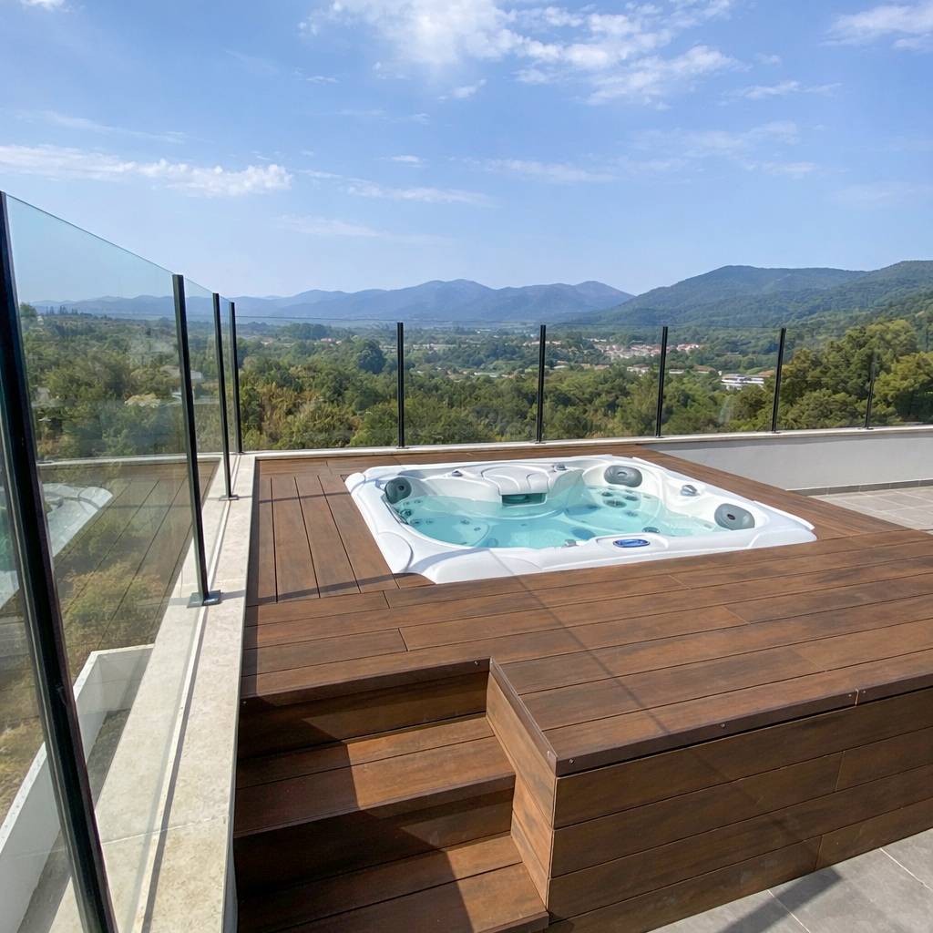 Terrasse composite CDECK WUUDE en couleur American Walnut sur jacuzzi en terrasse