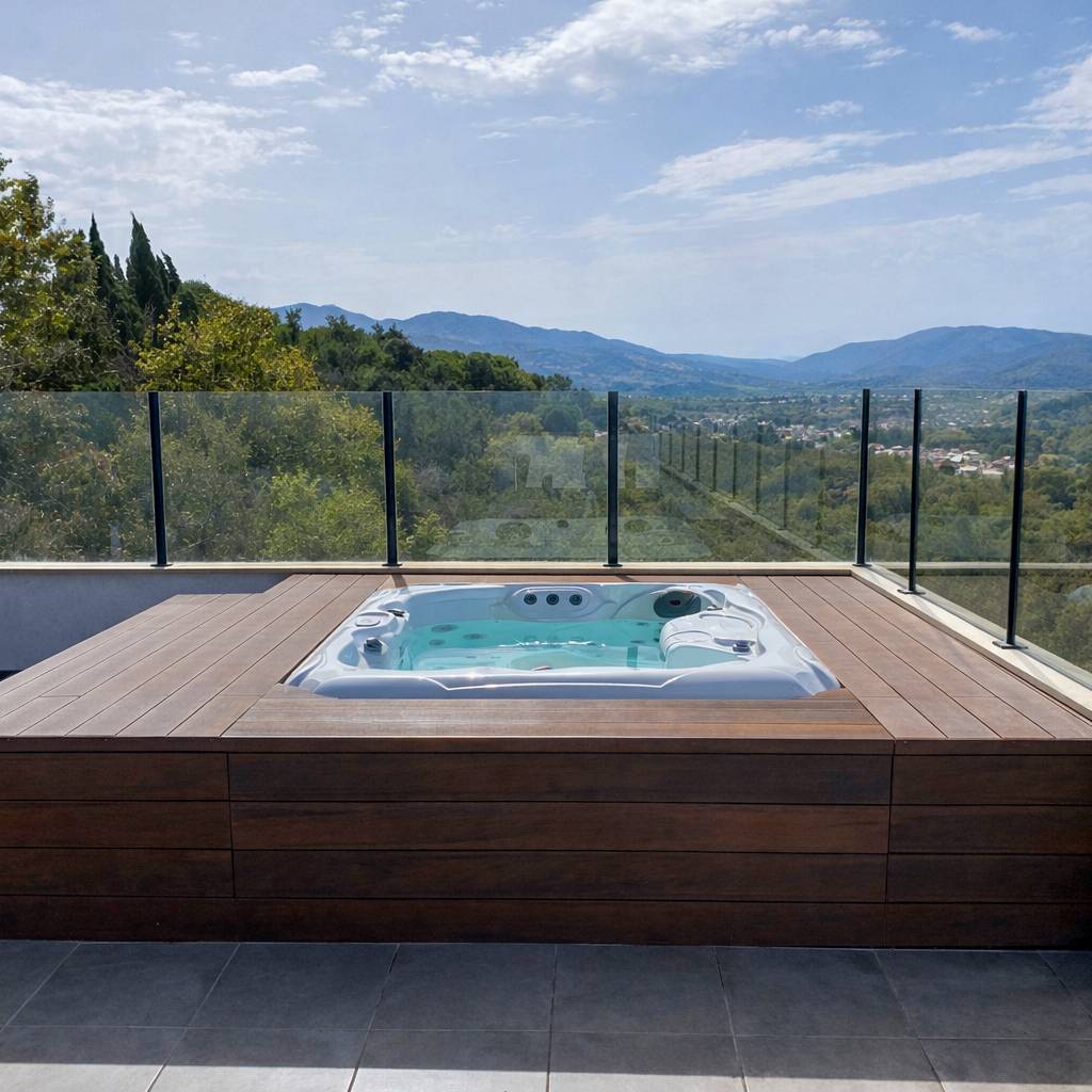 Terrasse composite CDECK WUUDE en couleur American Walnut sur jacuzzi en terrasse